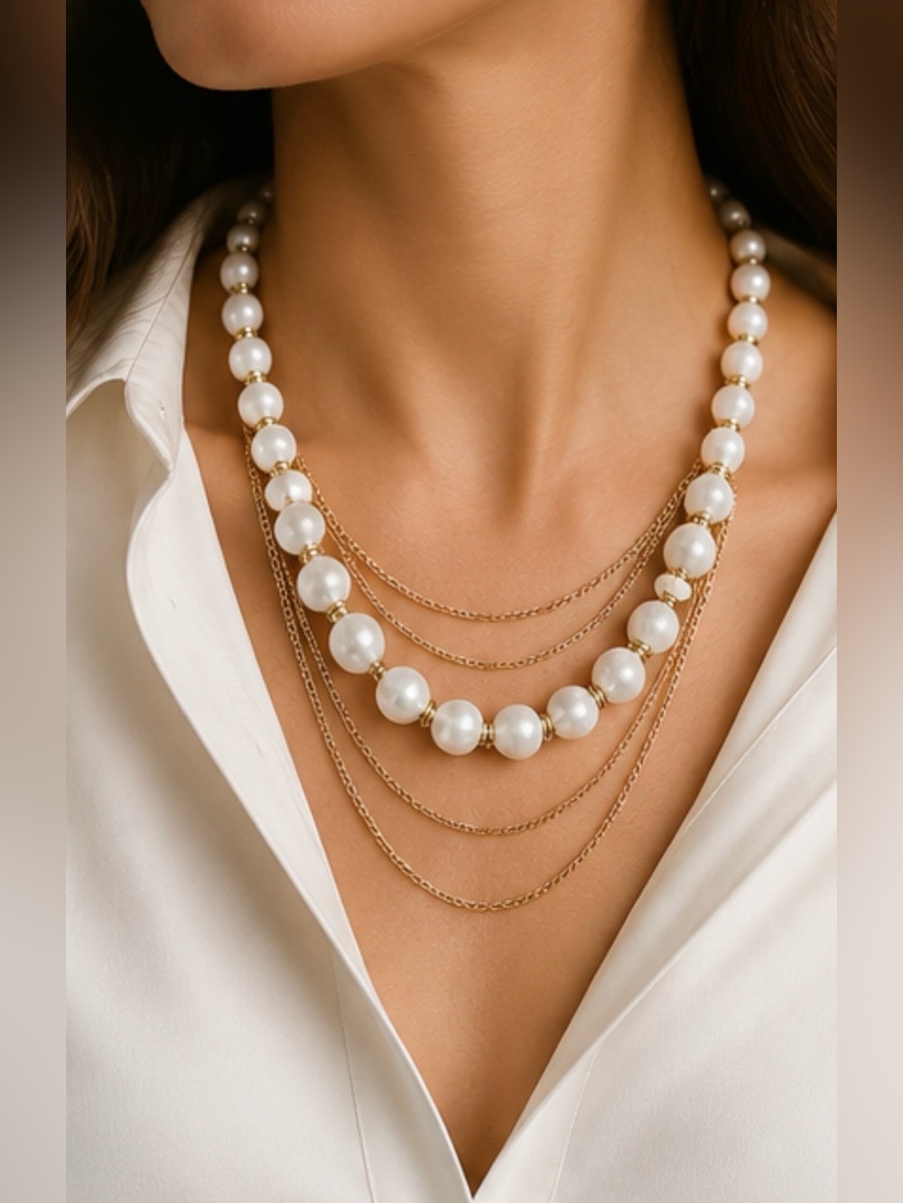 layered pearl Necklace Beige & Gold color Fashion Jewelry long oversized funky